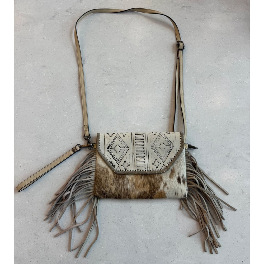Genuine Leather Cowhide Fringe Crossbody Bag Wristlet Western Boho Cream Brown